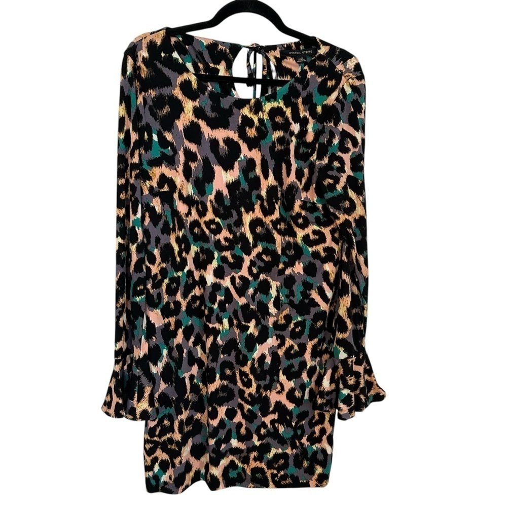 Cynthia Steffe Women’s Long Ruffle Sleeve Animal Print Scoop Neck Dress Sz L GUC